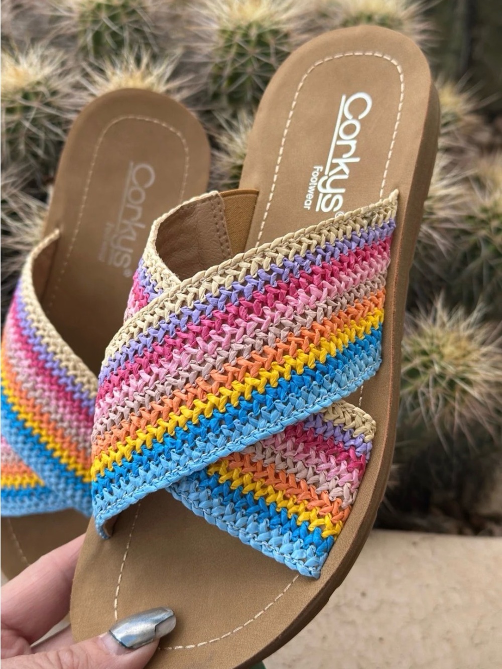 Corkys Women’s Rainbow Woven Cross-Band Slide Sandals